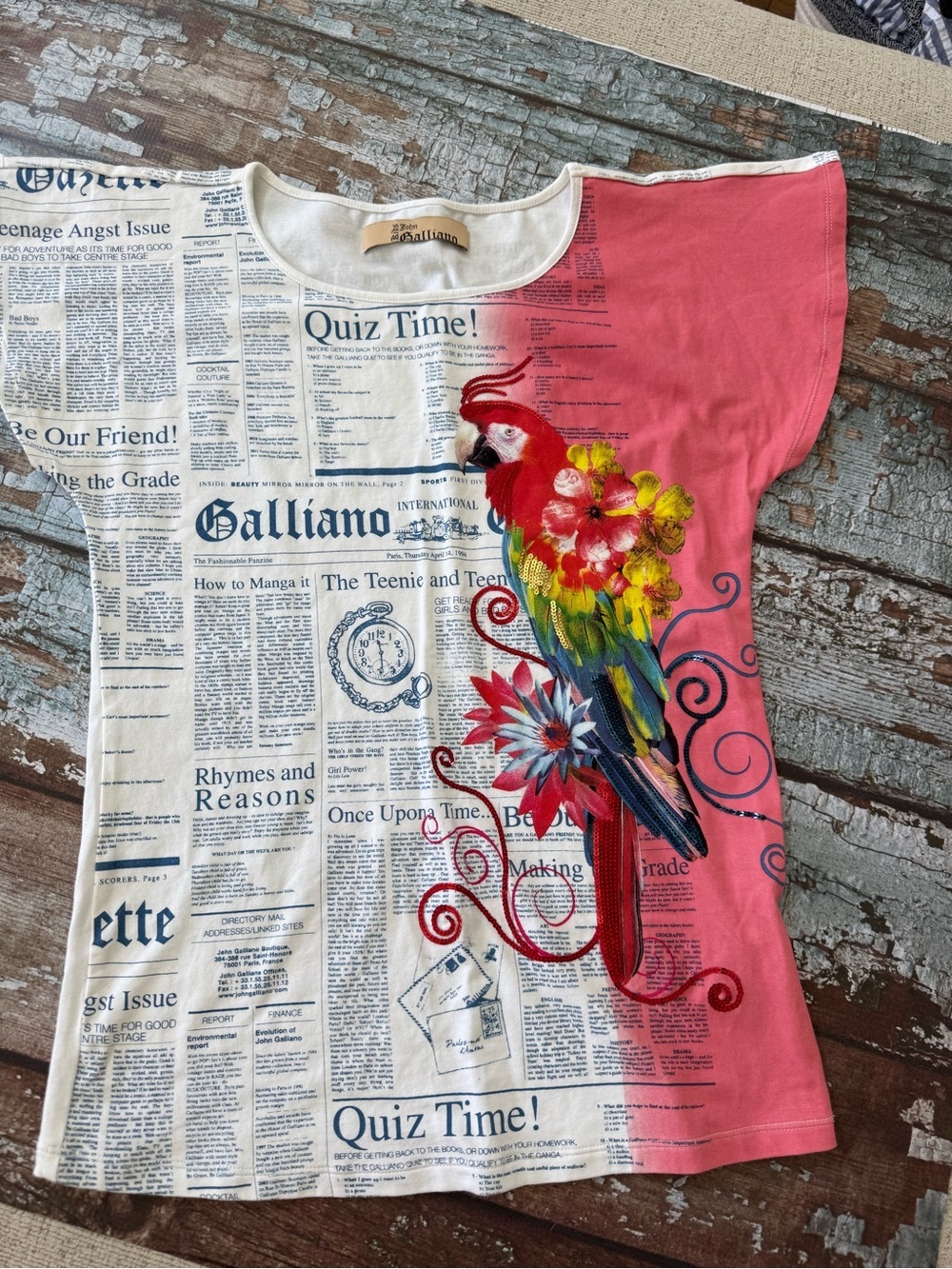 John Galliano Vintage White Newspaper Print Tee w Multicolor Sparkling Parrot